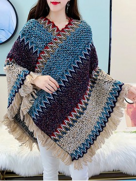 Boho Aztec Poncho W/ Fringes 